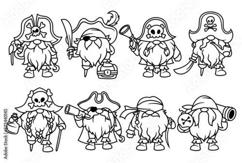 Set of pirate gnomes. Collection of gnome in Halloween costume. Vector illustration for holiday postcard. Drawing for children.