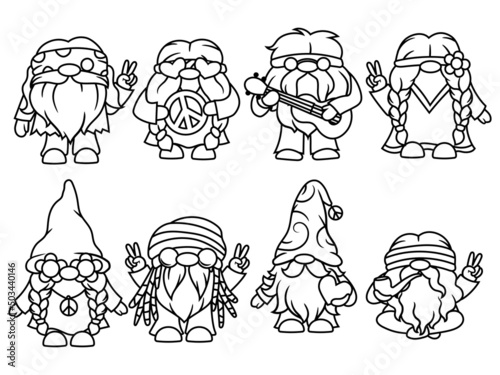 Set of hippie gnomes. Collection of cute elfs holidays gnomes with hats. Vector illustration on a white background.  Drawing for children.