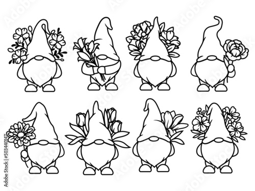 Set of floral garden gnomes. Collection of cute holidays gnome with flowers. Vector illustration for spring postcard. Drawing for children.