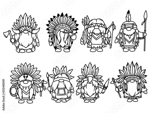 Set of tribal gnome. Collection of native gnome with feathers. Funny fairy character. Vector illustration of  holiday postcard.