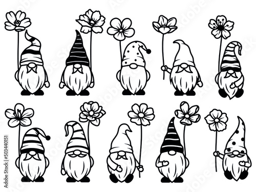 Set of floral garden gnomes. Collection of cute holidays gnome with flowers. Vector illustration for spring postcard. Drawing for children.