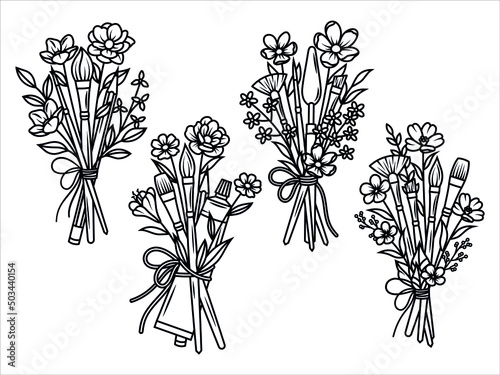 Set of floral art  brushes. Collection with artistic tools with flowers. Art supplies with flower. Vector illustration isolated on white background.