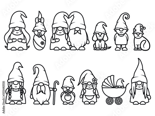 Set of  family gnome. Collection of little garden gnomes. Vector illustration of family hand on white background. Drawing for children.