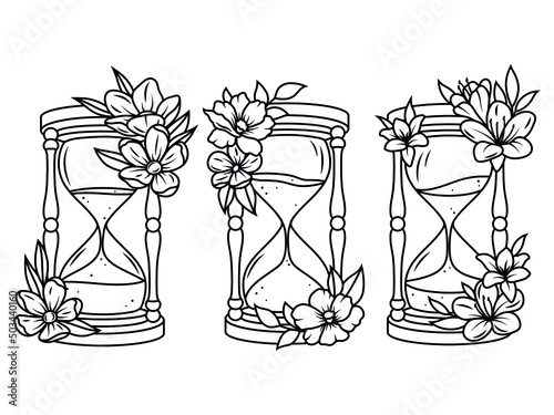 Set of floral hourglass. Collection ancient hourglass with a beautiful flowers. Vintage watch. Design for tattoo. Vector illustration for a postcard or a poster.