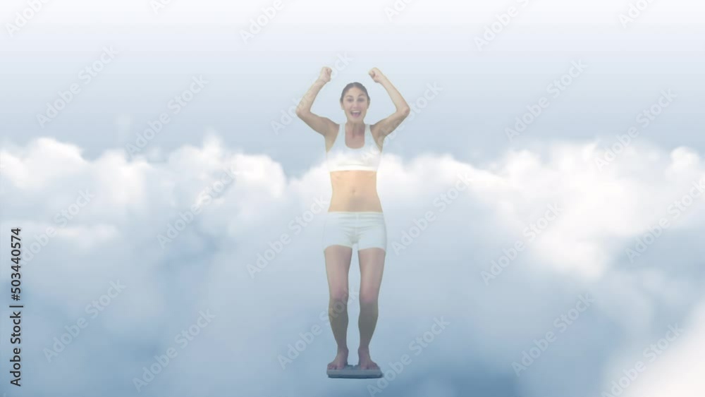 Animation of sky with clouds over biracial woman celebrating Animation of sky with clouds over biracial woman celebrating