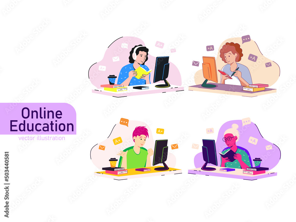 Set of students learning online