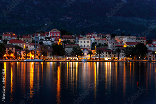 Embankment of Cavtat town at dusk, Dubronick Riviera, Croatia.