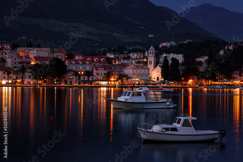 Embankment of Cavtat town after sunset, Dubrovnik Riviera, Croatia.
