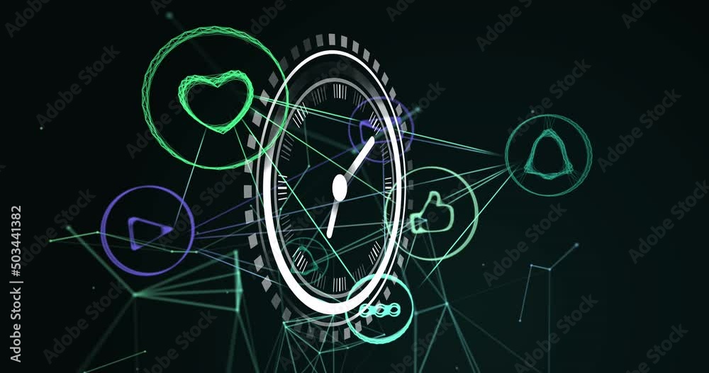 Animation of clock moving over connections with social media icons on black background Animation of clock moving over connections with social media icons on black background