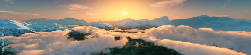 Beautiful mountain landscape, snowy peaks at sunset, mountains panorama at sunrise, 3d rendering