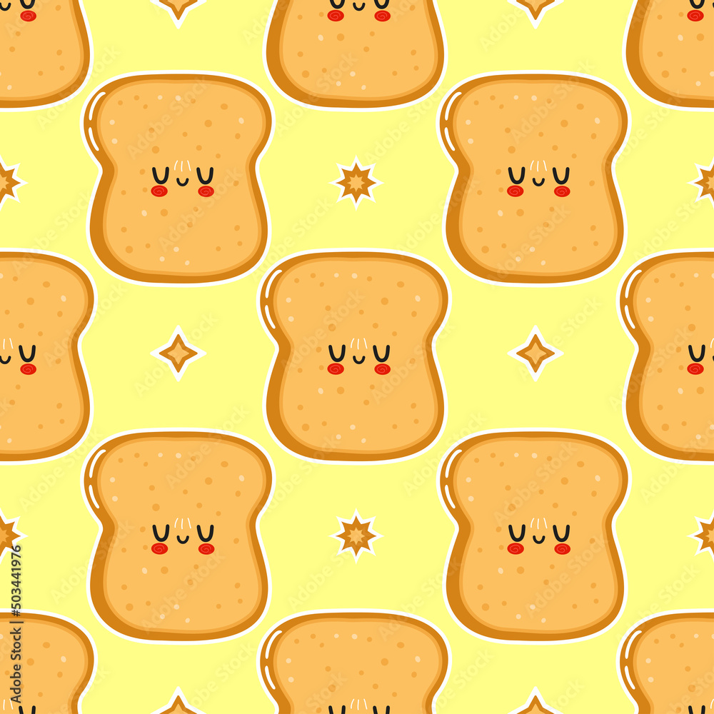 Cute funny sliced toast bread pattern character. Vector hand drawn cartoon kawaii character illustration icon. Isolated on white background. Sliced toast bread character concept Cute funny sliced toast bread pattern character. Vector hand drawn cartoon kawaii character illustration icon. Isolated on white background. Sliced toast bread character concept