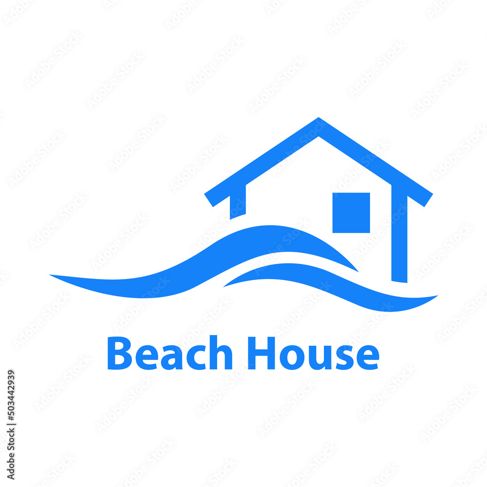 Logotipo con texto Beach House con silueta de casa con olas con líneas ...