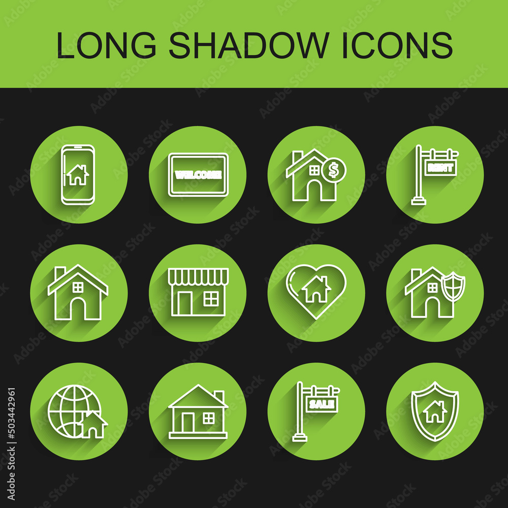 Set line Globe with house symbol, House, Mobile phone smart home, Hanging sign text Sale, shield, Shopping building or market store, and heart shape icon. Vector Set line Globe with house symbol, House, Mobile phone smart home, Hanging sign text Sale, shield, Shopping building or market store, and heart shape icon. Vector