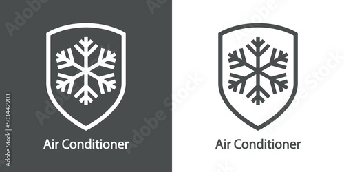 Reparación y servicio de aire acondicionado. Logo lineal con texto Air Conditioner con copo de nieve en escudo en fondo gris y fondo blanco