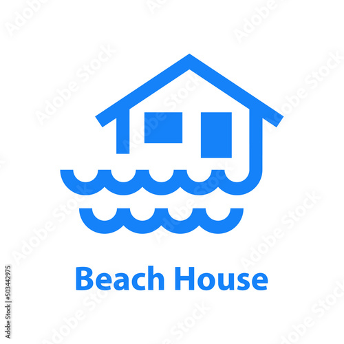 Logotipo con texto Beach House con silueta de casa con olas con líneas en color azul