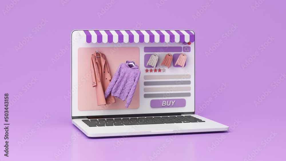 Online store concept on laptop screen with striped awning and coat and sweater dress pastel color on screen with buy icon and comment review. on purple background realistic 3d rendering