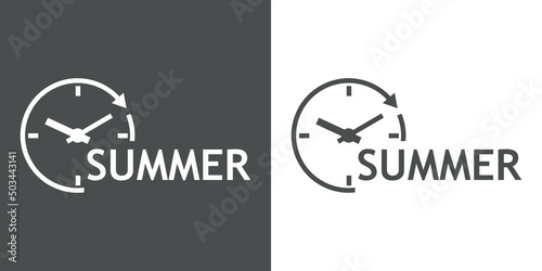 Tiempo de verano. Logo con texto Summer con silueta de esfera de reloj simple con líneas con forma de flecha en círculo en fondo gris y fondo blanco