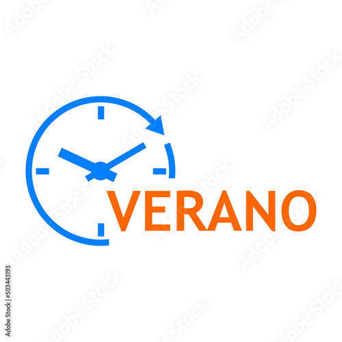 Tiempo de verano. Logo con texto Verano en español con silueta de esfera de reloj simple con líneas con forma de flecha en círculo en color azul y anaranjado
