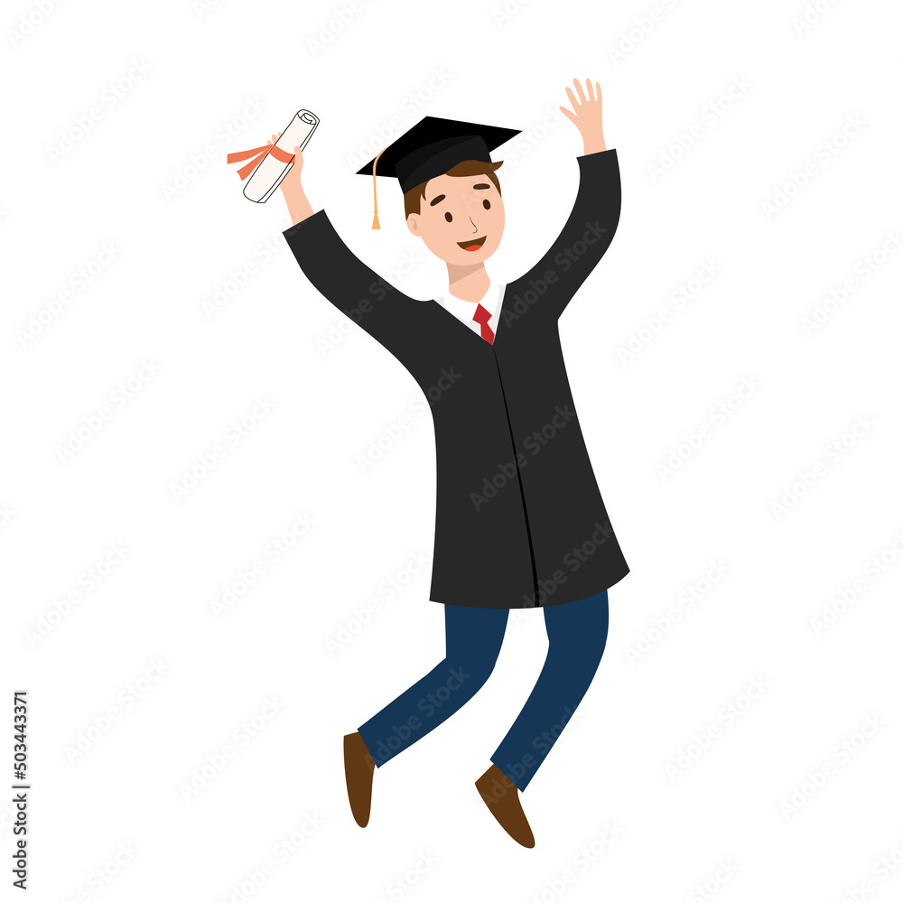 Gaduation ceremony concept. Joyful student boy with a diploma. Jumping for joy graduated from university, college or school. Vector illustration in flat style