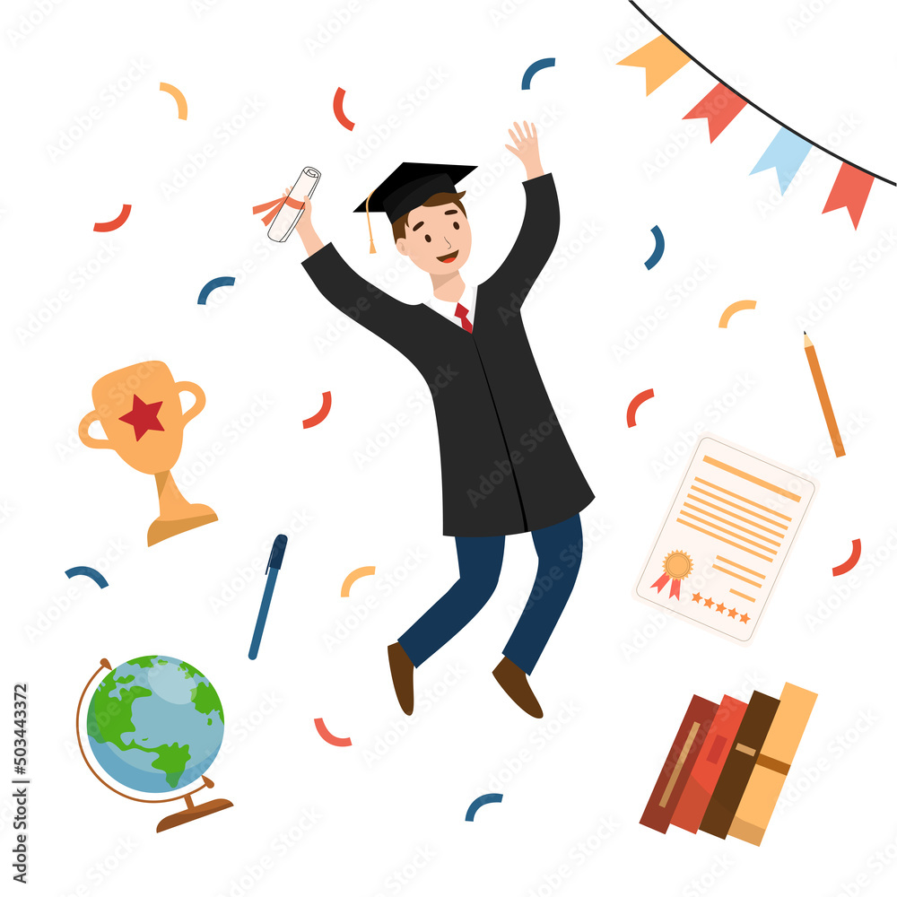 Gaduation ceremony concept. Joyful student with a diploma, a cup, books, a globe. Jumping for joy graduated from university, college or school. Vector illustration in flat style