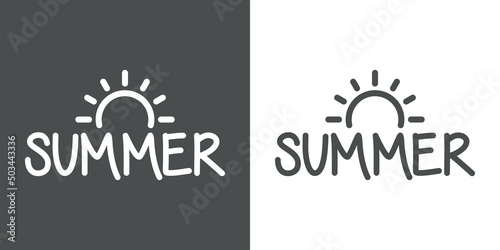 Logo con silueta de sol con texto manuscrito Summer como horizonte con líneas en fondo gris y fondo blanco