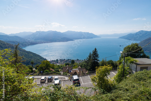 Big Italian lake. Lake Maggiore, aerial view from Campagnano above Maccagno town (visible below). The Lombard and Piedmontese coasts are visible from Luino (on the left) to Stresa (on the horizon)