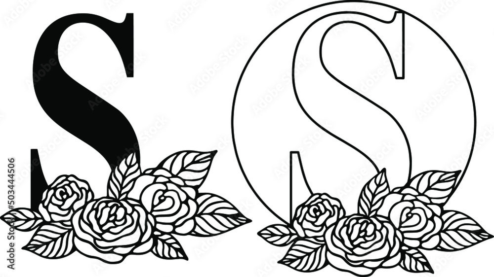 Latin letter S with rose floral composition. Cut file on white background
