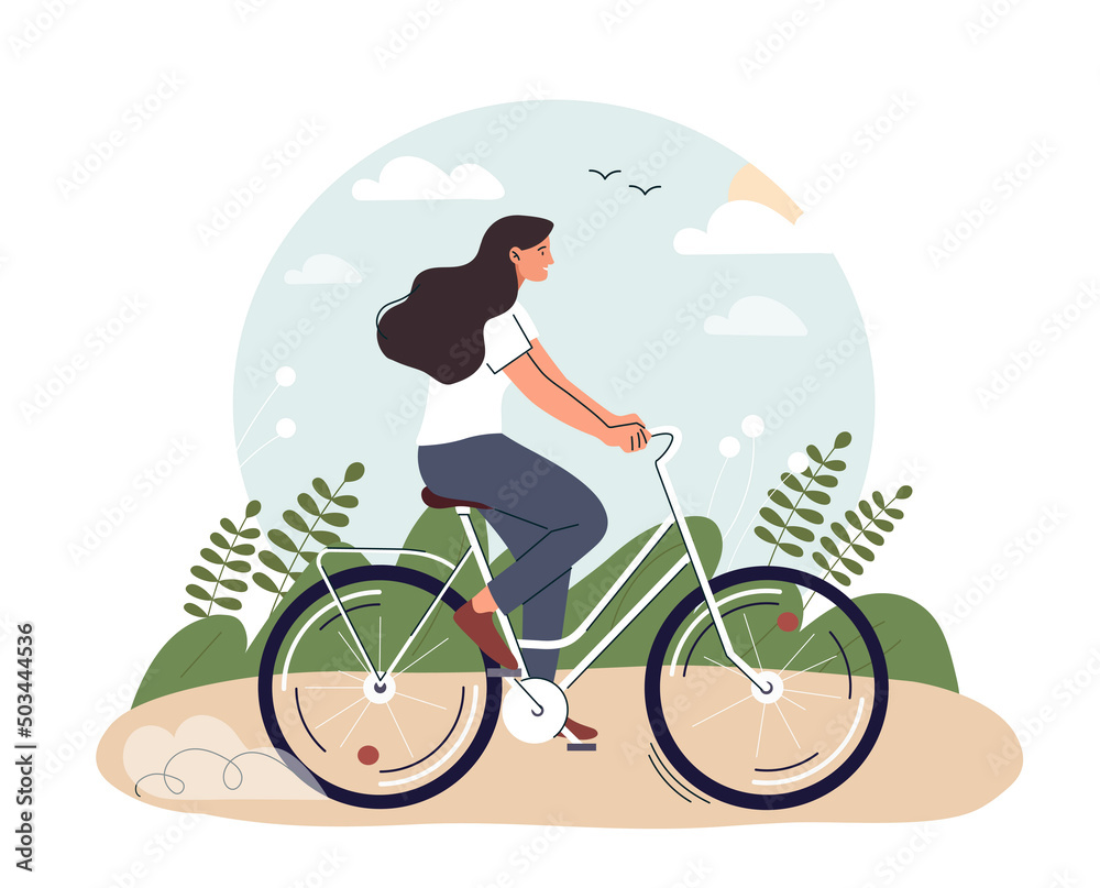 Woman riding bicycle. Young girl resting at weekend in park, active lifestyle and sports. Fitness and fat burning, cardio workout. Person at summer or spring season. Cartoon flat vector illustration - obrazy, fototapety, plakaty 