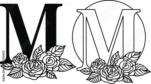 Latin letter M with rose floral composition. Cut file on white background