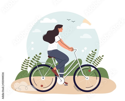 Woman riding bicycle. Young girl resting at weekend in park, active lifestyle and sports. Fitness and fat burning, cardio workout. Person at summer or spring season. Cartoon flat vector illustration