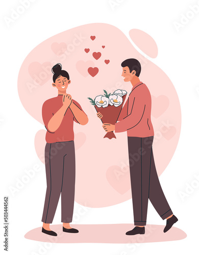 Surprise for loved one. Man gives his girlfriend flowers, young and happy couple. Romantic date concept, valentines day roast or March 8th. Care, support and love. Cartoon flat vector illustration