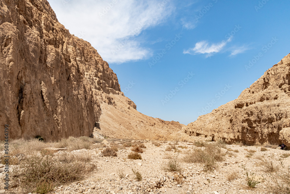 Mountains  of stone desert near the Tamarim stream on the Israeli side of the Dead Sea near Jerusalem in Israel