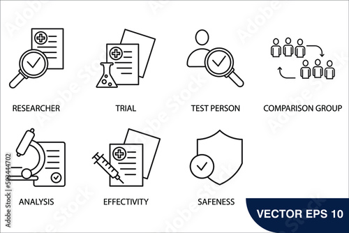 Fotografia clinical study and clinical trial icons set