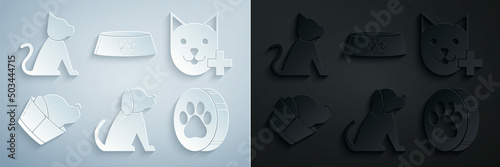 Set Dog, Veterinary clinic symbol, Paw print, Pet food bowl for cat or dog and Cat icon. Vector