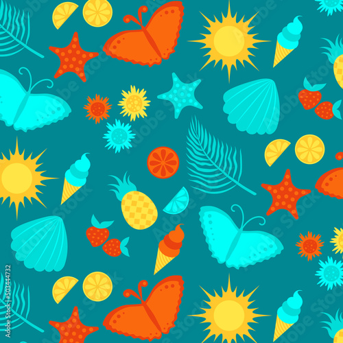 Vector seamless summer pattern with sun, flowers, butterfly, lemon, lime, seashell, starfish, ice cream, strawberry © Venera