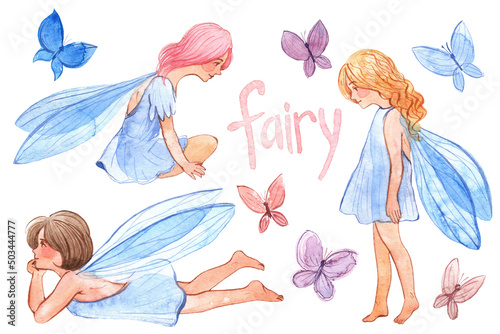 Set of watercolor children's illustrations with fairies and butterflies. Delicate fantasy characters for decorating a nursery