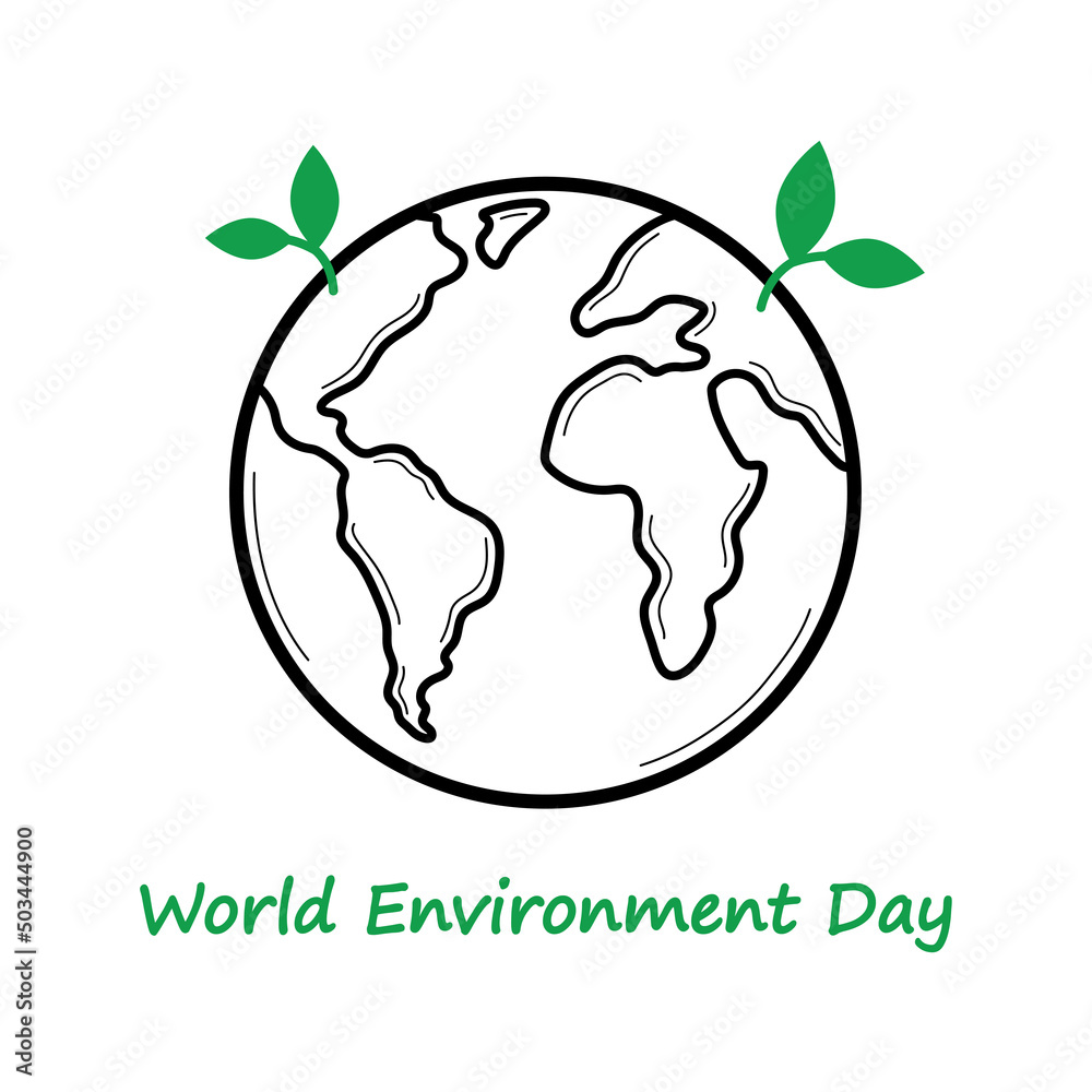World Environment Day. Greeting card with Earth planet and leaves. Vector illustration in doodle line style. World Environment Day. Greeting card with Earth planet and leaves. Vector illustration in doodle line style.