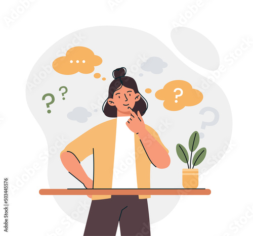 Woman thinking concept. Young girl trying to solve problem at work. Mental impasse, unanswered questions. Brainstorming and searching for idea, pensive person. Cartoon flat vector illustration