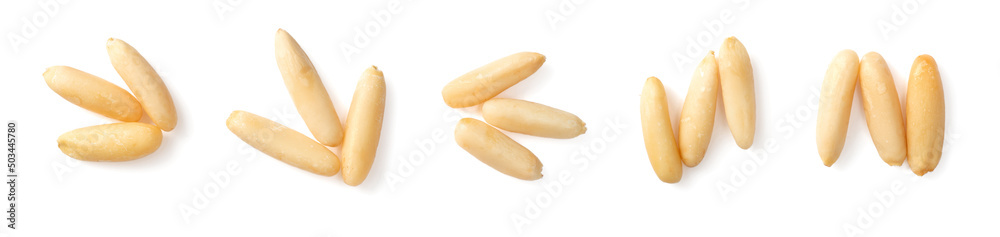 Shelled European pine nuts isolated on white background, top view. Shelled European pine nuts isolated on white background, top view.
