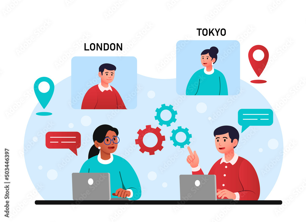 Concept of communication. Man and girl at laptop discuss problems, friends communicate via video call from different countries. Modern technologies and social media. Cartoon flat vector illustration