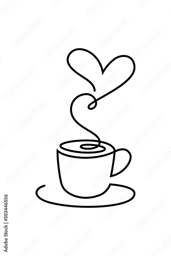 Hot coffee cup with heart shape aroma steam in continuous line art drawing  style. Black linear design isolated on white background. Vector  illustration Stock Vector