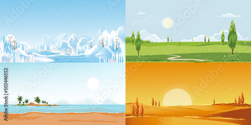 Set of four season landscape for Winter, Spring, Summer and Autumn or Fall,Vector illustration panoramic banner of all Seasons Nature with Mountain, Forest,Tree,Park and beach sand holiday background
