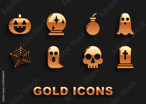 Set Ghost, Tombstone with cross, Skull, Spider web, Bomb ready explode, Pumpkin and Magic ball icon. Vector