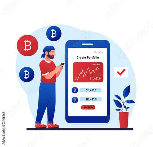 Crypto currency concept. Man with phone conducts transactions on financial exchange. Investing and financial literacy, entrepreneur increases passive income. Cartoon flat vector illustration