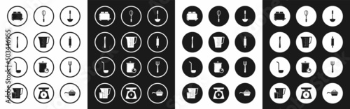 Set Kitchen ladle, Measuring cup, Knife, Toaster with toasts, Rolling pin, whisk, Fork and icon. Vector