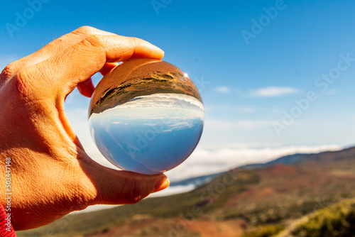 Paisaje reflejado en una lensball en el Parque Nacional del Teide, isla de tenerife. photo