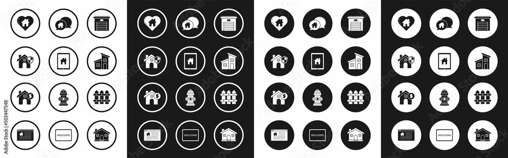 Set Garage, Tablet and smart home, House with shield, heart shape, building in speech bubble, Garden fence wooden and dollar symbol icon. Vector Set Garage, Tablet and smart home, House with shield, heart shape, building in speech bubble, Garden fence wooden and dollar symbol icon. Vector