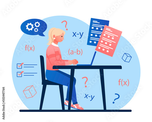 Girl passed examination. Woman at her desk trying to solve math equation, student in classroom. Education and training of young specialists, skills development. Cartoon flat vector illustration