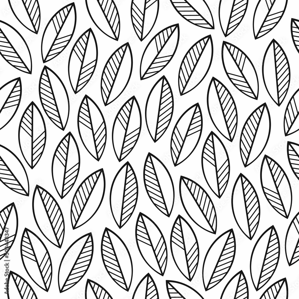 Fototapeta premium Graphic contour leaves backdrop. Seamless leaf pattern vector illustration. Minimal floral wallpaper. White background. Botanical geometric texture. Template for print, design, banner or card.