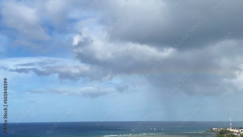 Long rainbow with dramatic clouds over the waikiki beach oahu Island, Hawaii year 2022